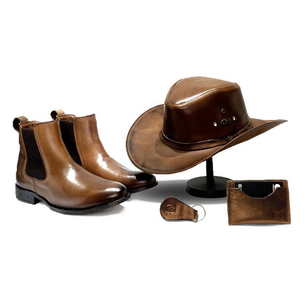 Combo Comendador Cacau Linha KPL Premium Botina + Chapéu + Porta Cartão + Chaveiro Todos Em Couro Legítimo