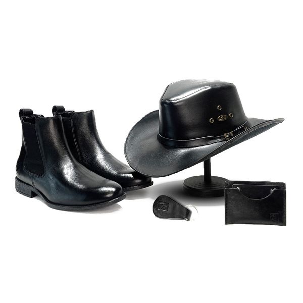 Combo Comendador Black Linha KPL Premium Botina + Chapéu + Porta Cartão + Chaveiro Todos Em Couro Legítimo