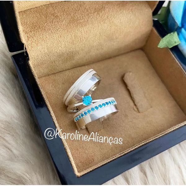  Alianças aurora 7 mm namoro Prata com 15 pedras de zirconia Azul anel simples