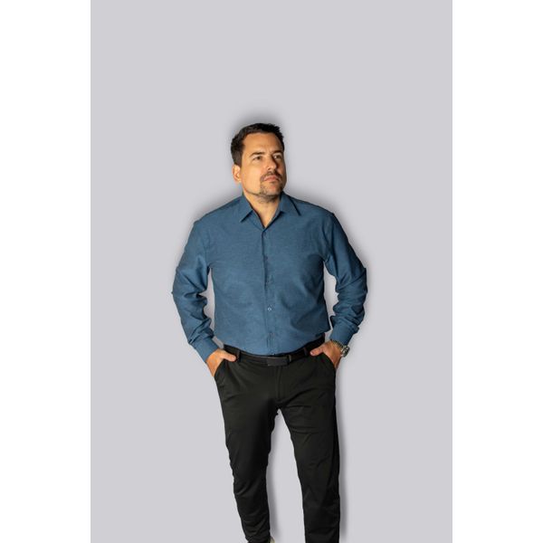 Camisa Social Azul Mescla Slim Manga Longa - King Ternos