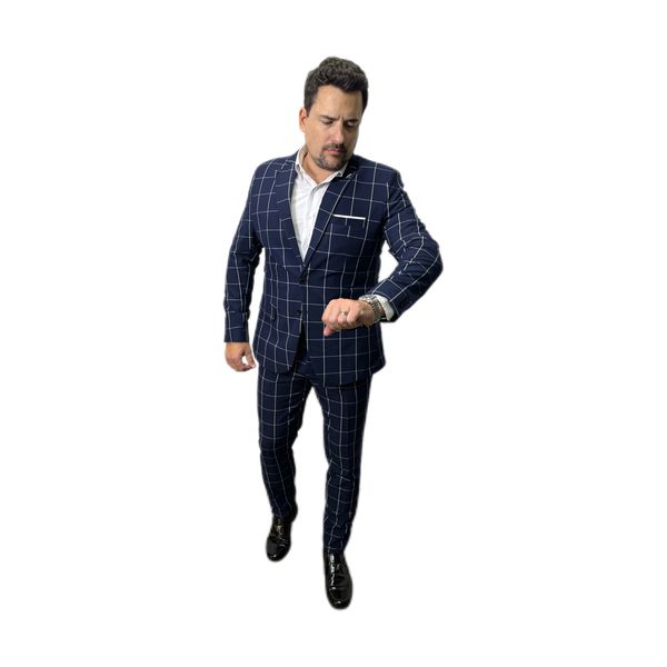 Costume Azul Quadriculado Slim em Poliviscose - King Ternos