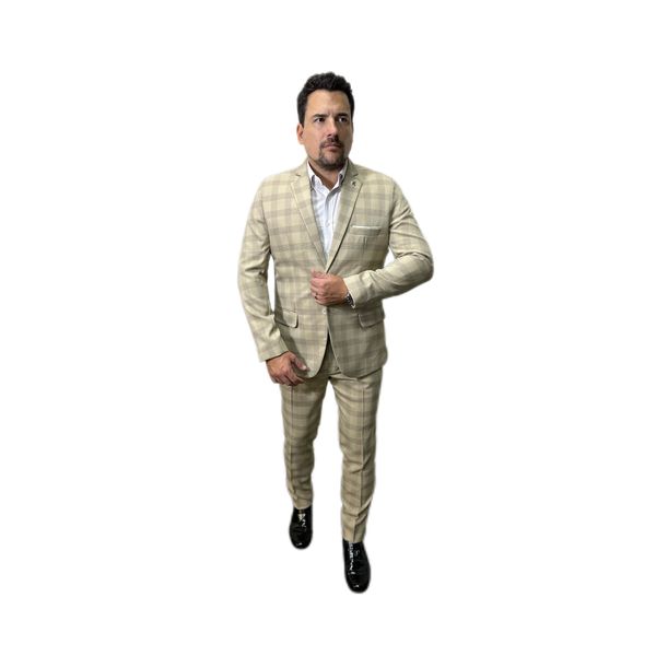 Costume Quadriculado Bege Slim em Poliviscose - King Ternos