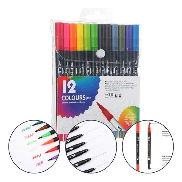 Caneta 2 em 1 brush pen e fine liner (12, 24 e 36 cores)