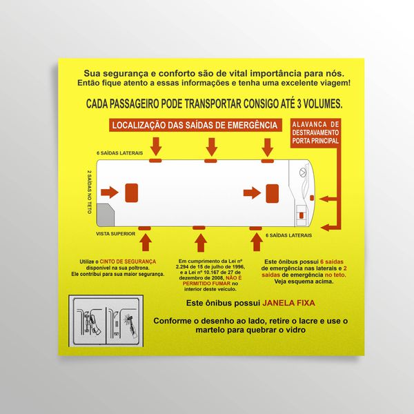 O adesivo de informações sobre saídas de emergência nos ônibus tem a função de indicar a localização das saídas de emergência dentro do veículo. 