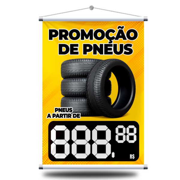 Banner promocional ideal para oficinas e borracharias, com design chamativo para destacar ofertas de pneus. Impressão em alta definição, material resistente e fácil de instalar. Aumente suas vendas com visual profissional!