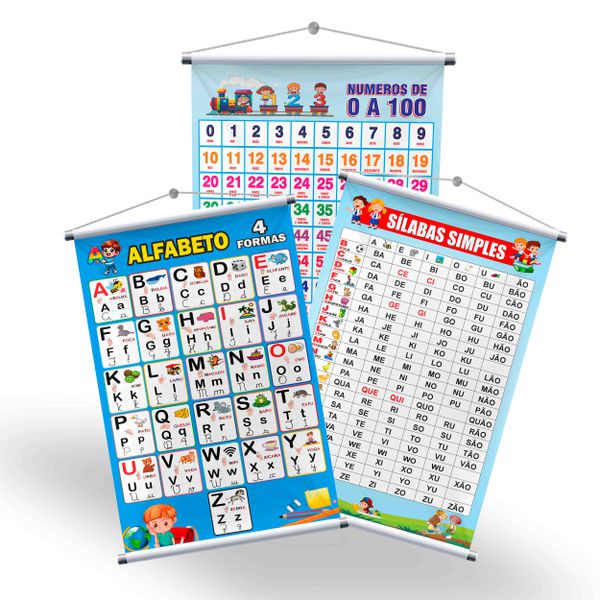 Kit 3 Banners Pedagógico Alfabeto 4 formas, Sílabas simples, Números 0 a 100 + Grátis suporte para pendurar