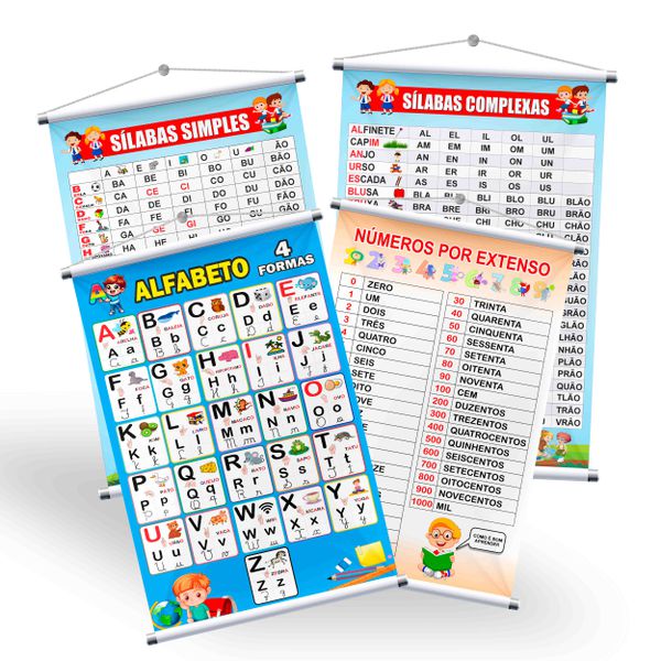 Kit 4 Banners Pedagógico Alfabeto 4 formas, Sílabas simples e Complexas, Número por Extenso + Grátis suporte para pendurar 