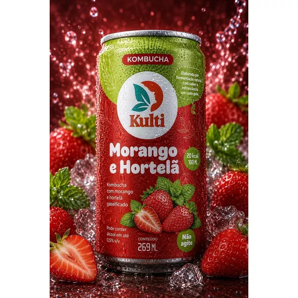 Kombucha Morango e Hortelã (12 Latas) 269mL -Kulti