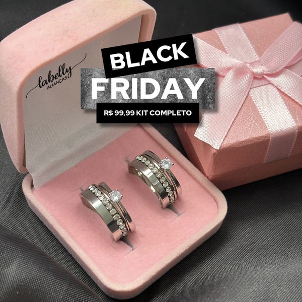 PAR DE ALIANÇAS GIRLS 6’MM RETA CRAVEJADA NO CANTO - COM DOIS ANÉIS SOLITÁRIOS DE BRINDE 