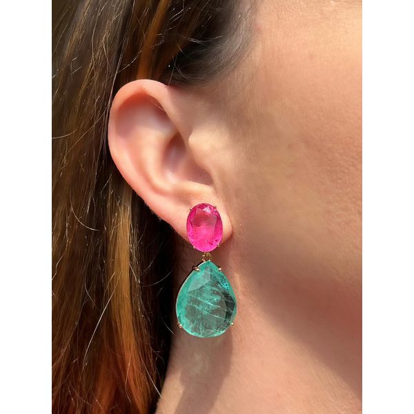 Brinco 2 em 1 Oval e Gota Turmalina e Pink Fusion