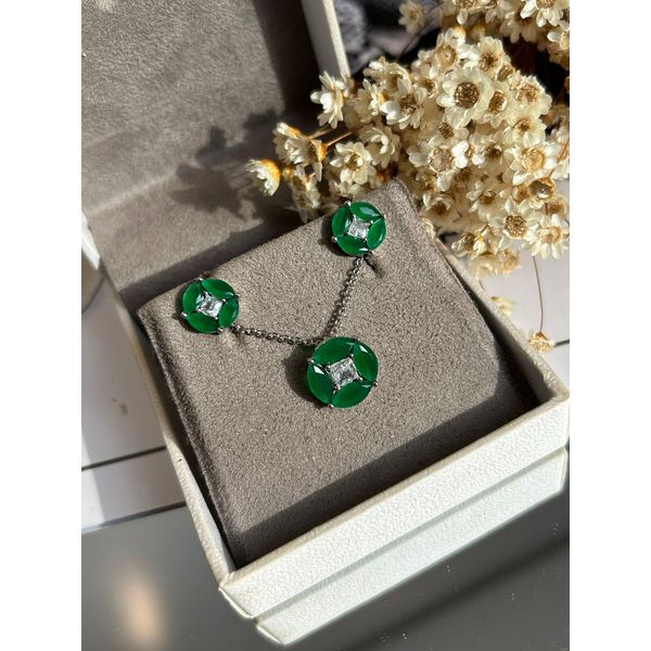 Conjunto Brinco e Colar Verde Esmeralda Banho Ródio Branco