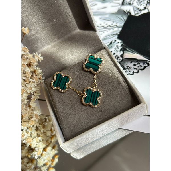 Conjunto Brinco e Colar trevo Malaquita Ouro