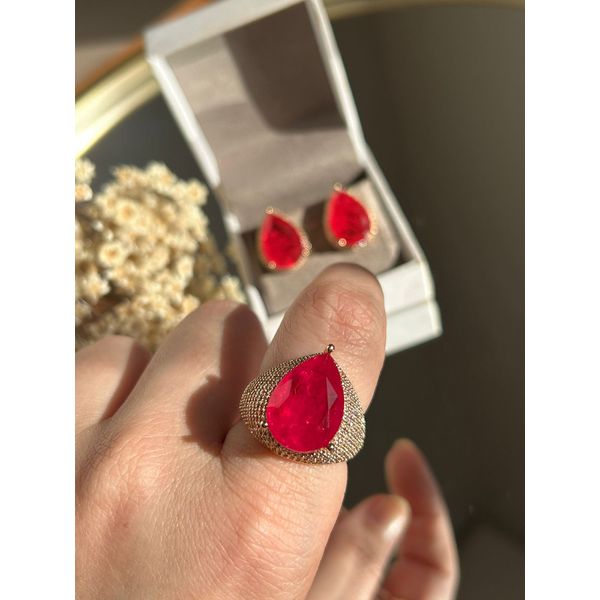 Conjunto Luxo Brinco e Anel Gota Cherry Ouro.
