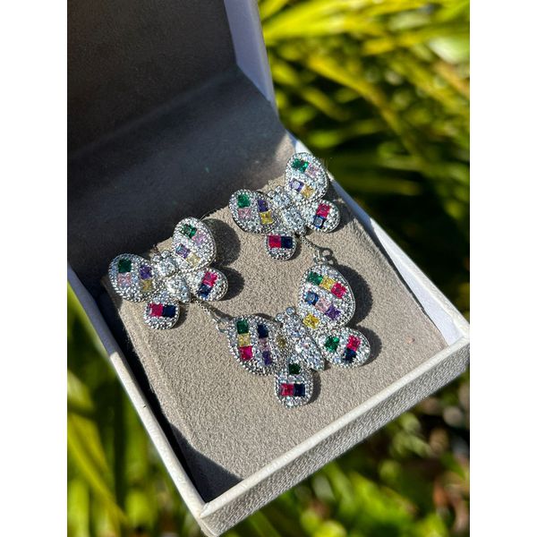 Conjunto Brinco e Colar Borboleta Ródio Branco