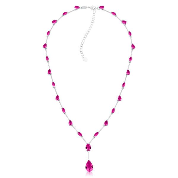 Colar Luxo Gotas Safira Rosa/Pink Prateado