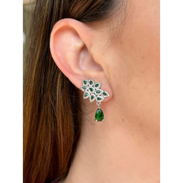 Brinco EarCuff Gota Verde Esmeralda Ródio Branco