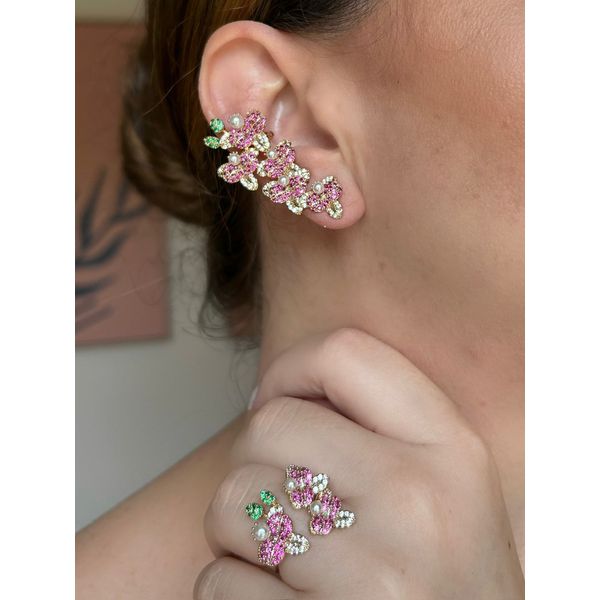 Conjunto Brinco EarCuff e Anel Mini Orquídeas Safira Rosa e Pérolas