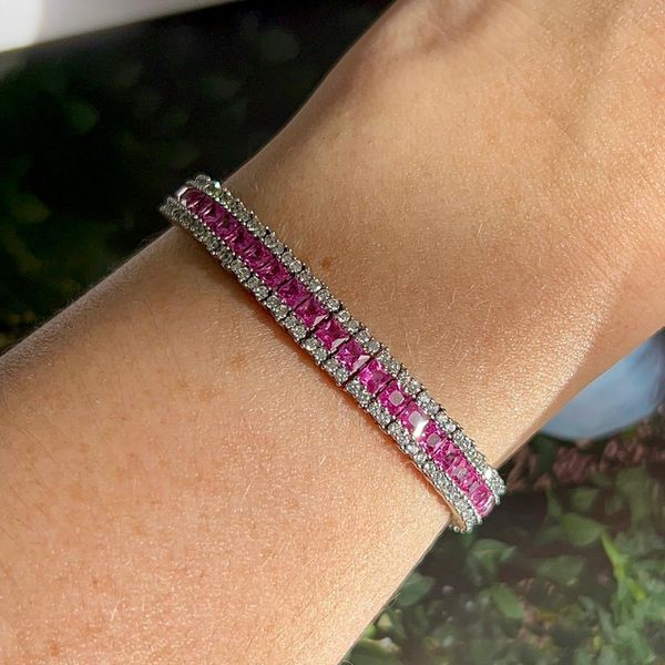 Pulseira Três Fileiras Safira Rosa/Pink