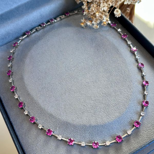 Colar riviera Fio Faca Zircônias Safira Rosa/Pink