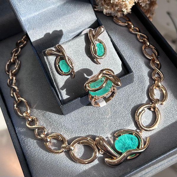 Conjunto Brinco, Colar e Anel Organico Pedra Turmalina