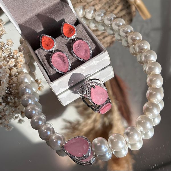 Conjunto 3 Peças Pérola Shell e Pedra Rosa/Tangerina