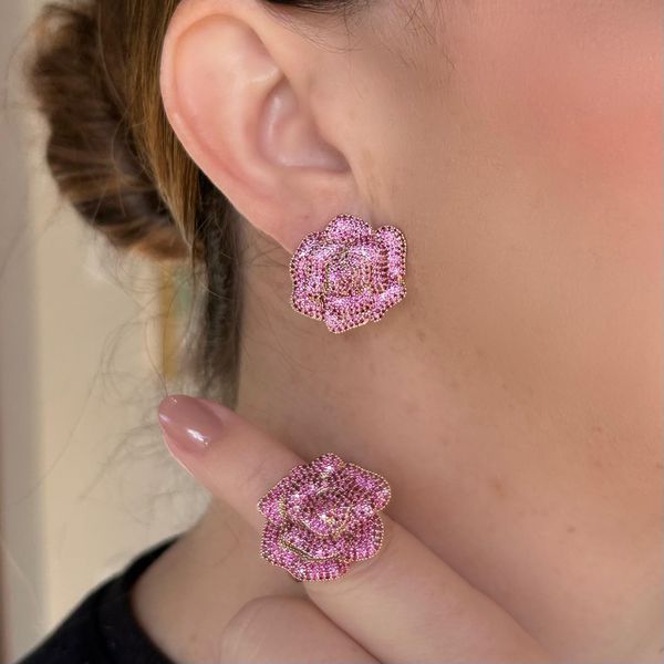 Conjunto Brinco e Anel Rose Pink