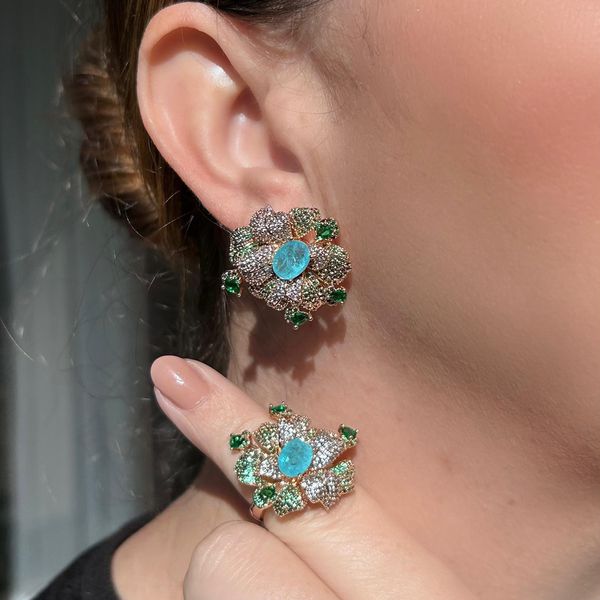 Conjunto Brinco e Anel Sofia Detalhes Turmalina Azul