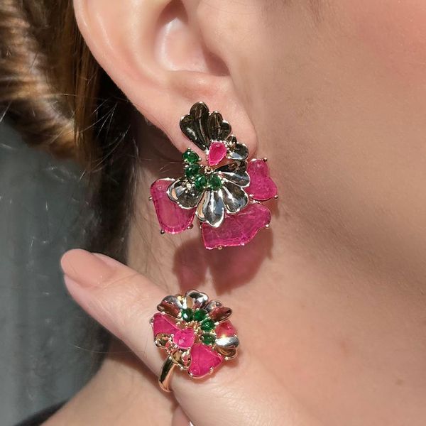 Conjunto Brinco E Anel Leque Pink