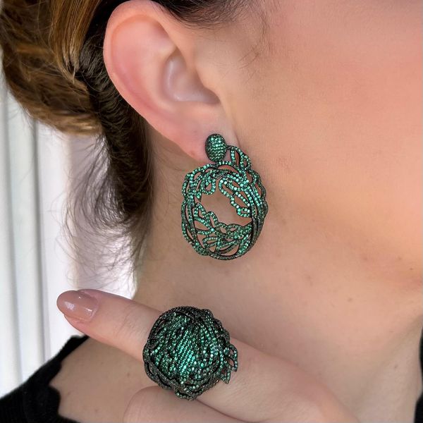 Conjunto Brinco e Anel Linhas Verde Esmeralda