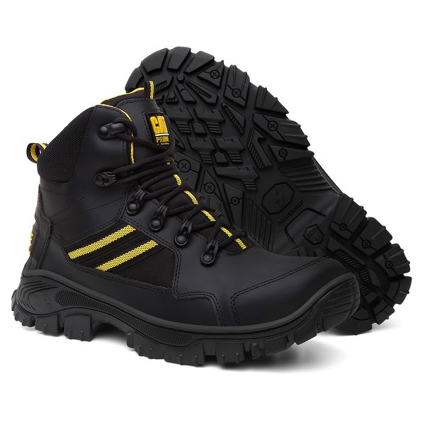 Bota de Segurança Catpriime Couro, Solado Antiderrapante e Material Refletivo - Preta com Amarelo