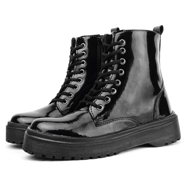 Bota Feminina Coturno Plataforma Baixa Blogueira Moda Verniz Preta 