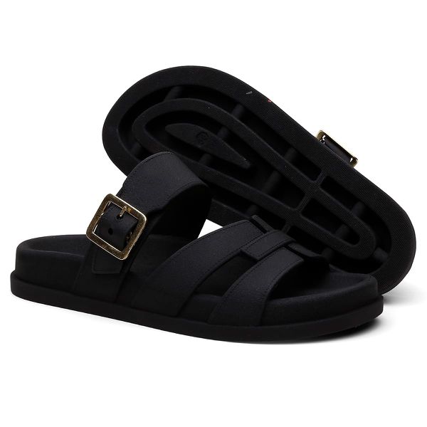 Sandalia Nuvem Microexpandido Feminino com Fivela - Preta 