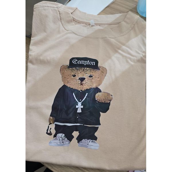 Camiseta Oversized Longa Urso - Bege