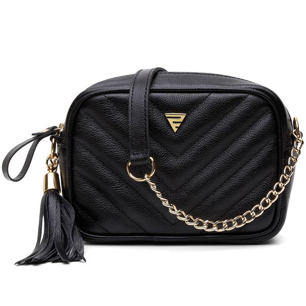 Bolsa Jhully em Couro Feminina na cor Preta com Corrente Dourada e Tassel 