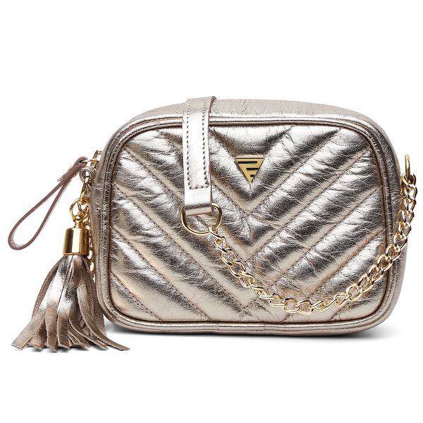 Bolsa Jhully em Couro Feminina na cor Prata Velha com Corrente Dourada e Tassel 