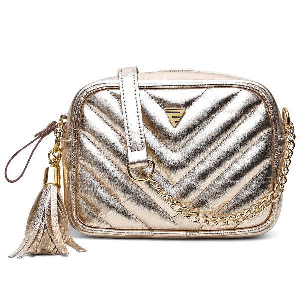 Bolsa Jhully em Couro Feminina na cor Ouro Light com Corrente Dourada e Tassel