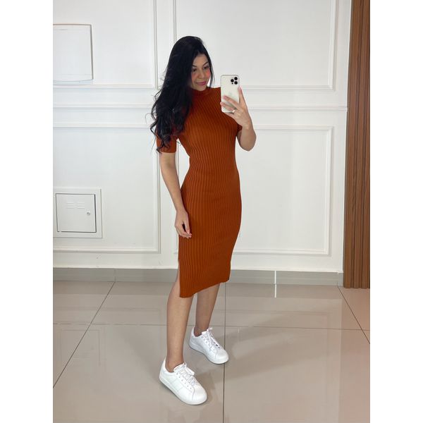 Vestido Midi Tricot Manguinha Terracota