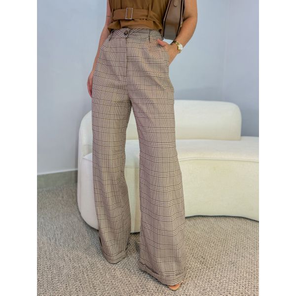 Calça Pantalona Xadrez Marrom 