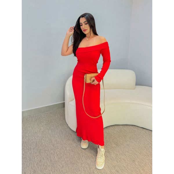 Vestido Longo Canelado Vermelho 