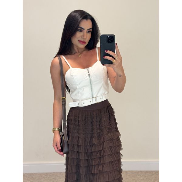 Cropped Couro Fake Fivela Marfim