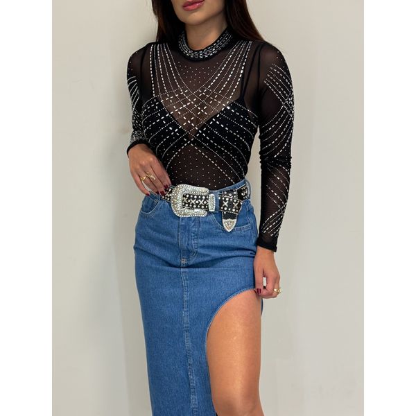 Blusa Pedraria Tule Preta