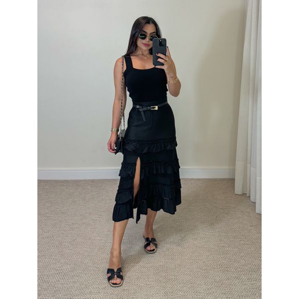 Saia Midi Tricot Babado Preto