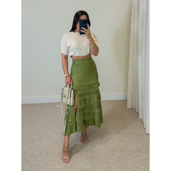 Saia Midi Tricot Babado Verde