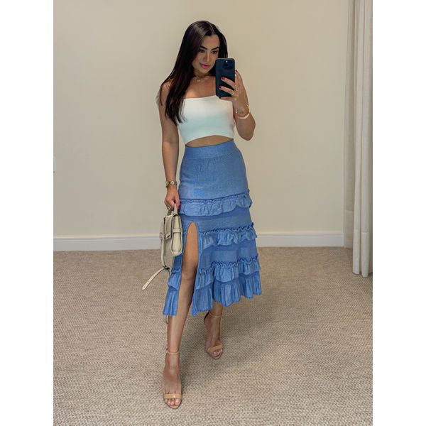Saia Midi Tricot Babado Azul 