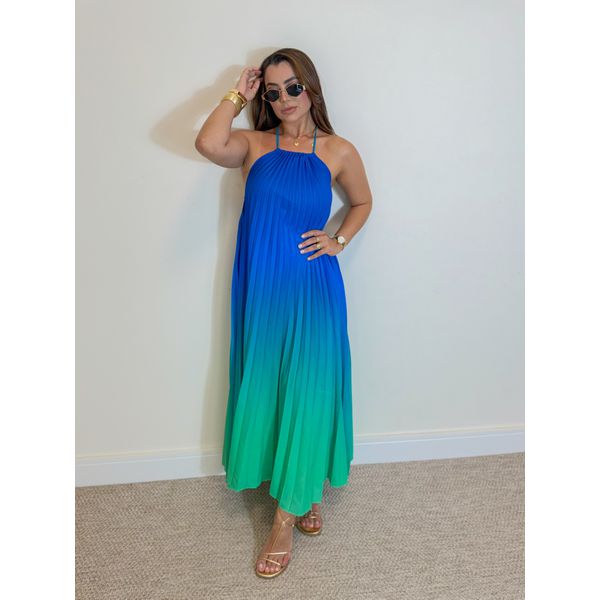 Vestido Longo Plissado Degradê Verde