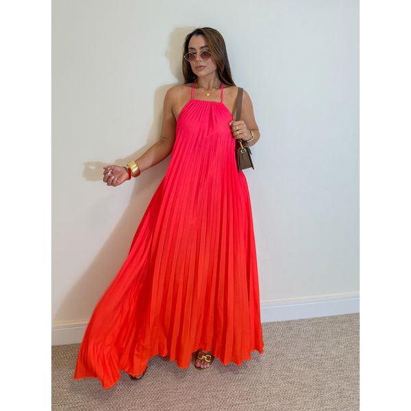 Vestido Longo Plissado Degradê Laranja