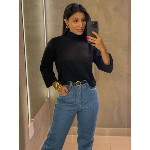 Blusa Canelada Gola Alta Preta