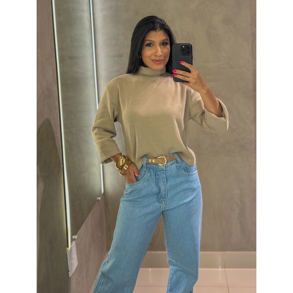 Blusa Canelada Gola Alta Areia