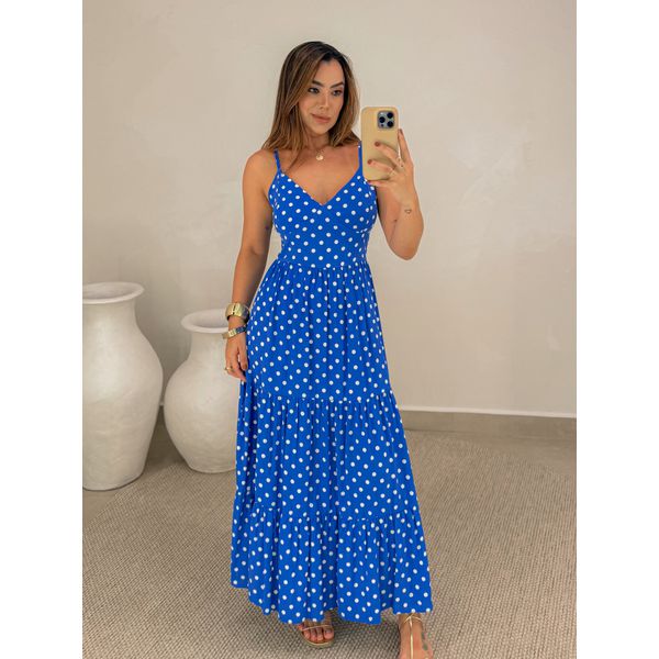 Vestido Midi Atenas Poá Azul
