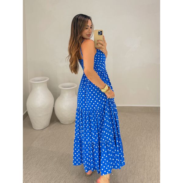 Vestido Midi Atenas Poá Azul Loja La Mina